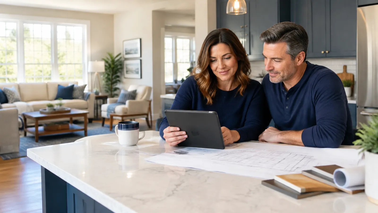 Homeowners reviewing information together at home